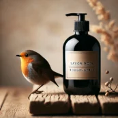 DALL·E 2024-12-20 14.19.10 - A minimalistic and elegant scene featuring a dark glass bottle of black soap (savon noir) with no label, placed on a rustic wooden surface. Beside the